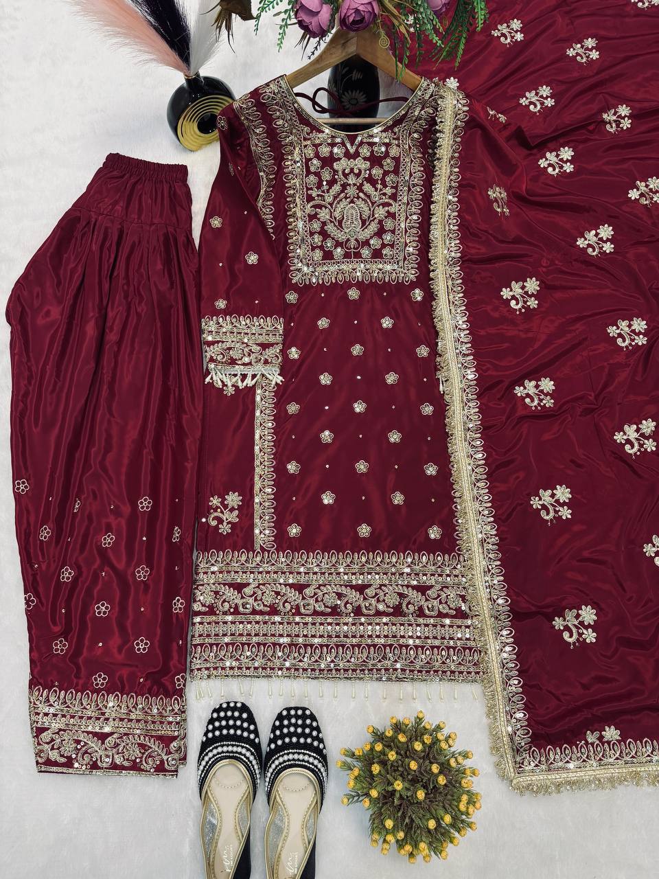 Deep Crimson Pearl-Trimmed Suit